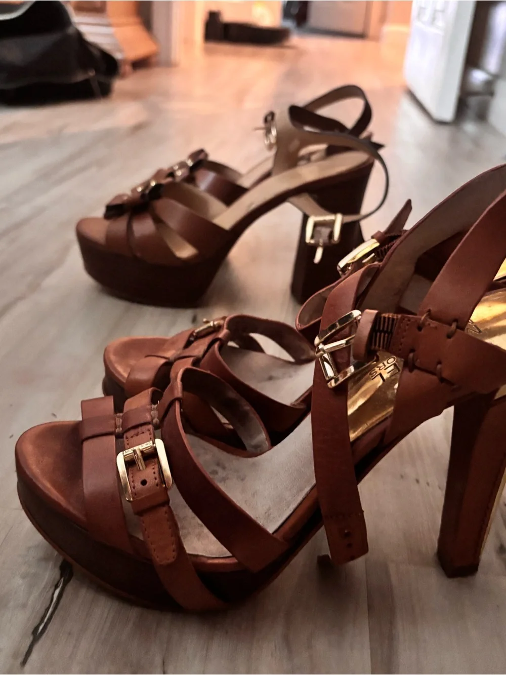 Michael Kors Tan Leather Strappy Wedge Sandals with Gold Buckles